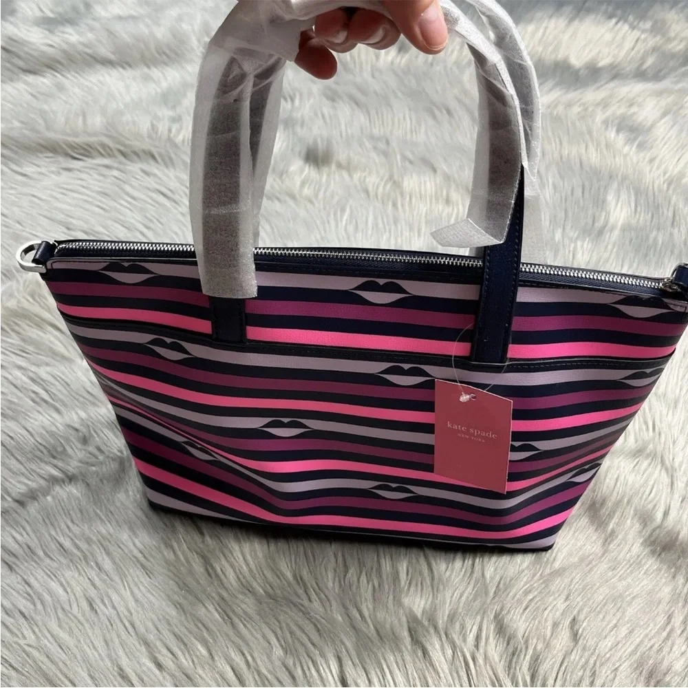 Kate Spade New York Pink Multi Stripe Patrice Lip Print Satchel Purse